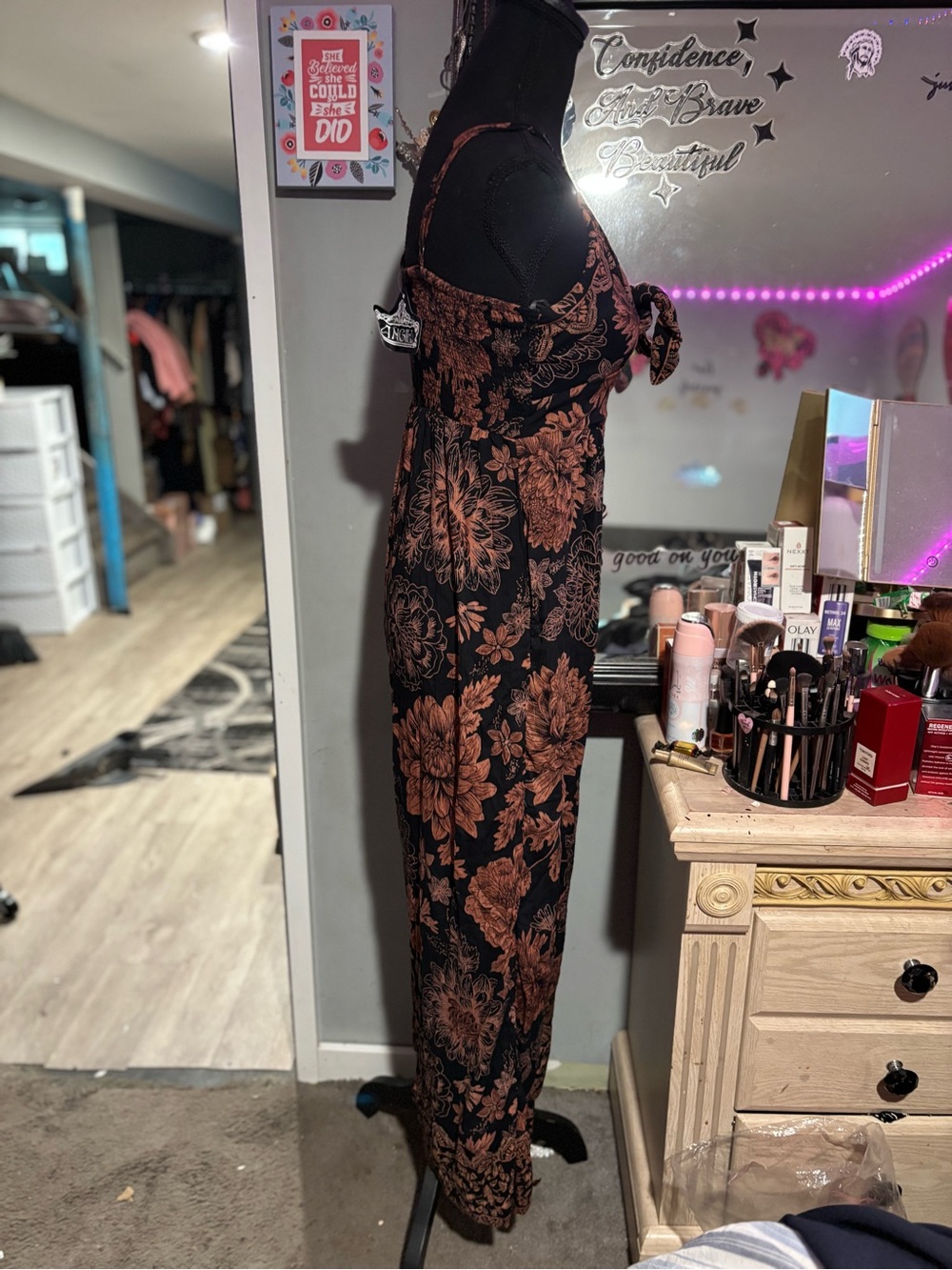NWT Angie Floral Tie-Front Wide-Leg Jumpsuit - Black & Rust - Picture 2 of 5